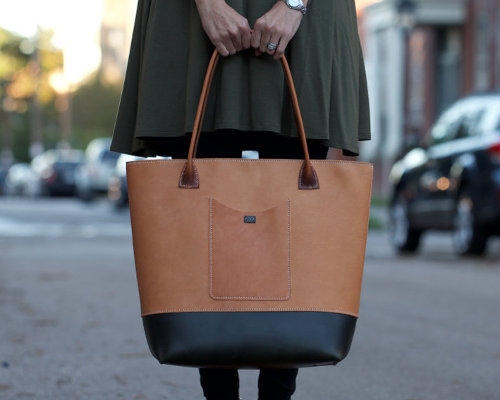 Large Hand-stitched Leather Tote with Exterior Pocket